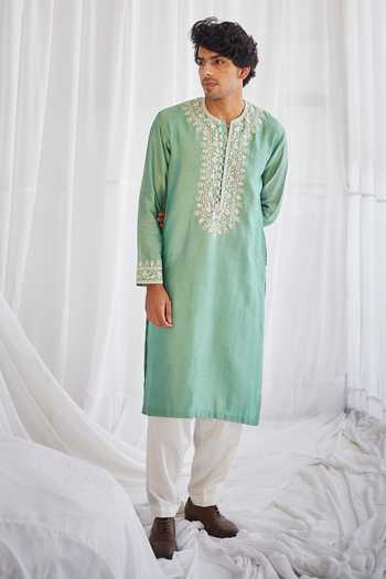 Twenty Nine_Green Silk Chanderi Mirror And Dori Embroidered Kurta Set _Online_at_Aza_Fashions