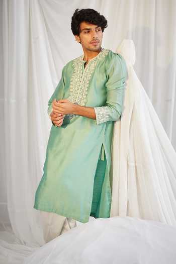 Buy_Twenty Nine_Green Silk Chanderi Mirror And Dori Embroidered Kurta Set _Online_at_Aza_Fashions