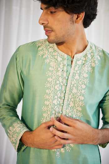 Shop_Twenty Nine_Green Silk Chanderi Mirror And Dori Embroidered Kurta Set _Online_at_Aza_Fashions