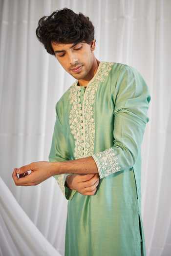 Twenty Nine_Green Silk Chanderi Mirror And Dori Embroidered Kurta Set _at_Aza_Fashions