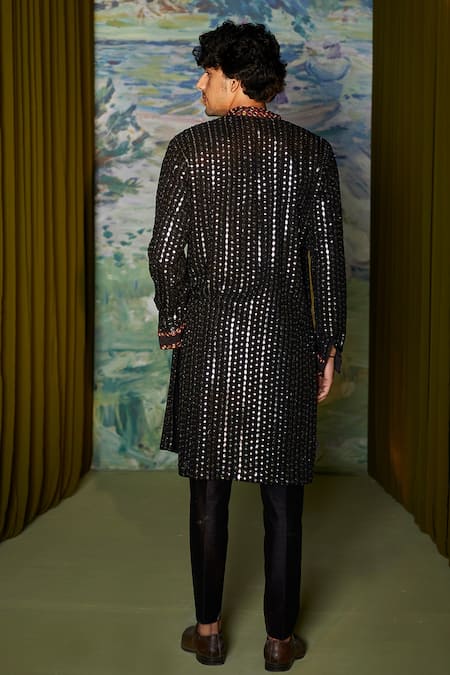 Shop Twenty Nine Black Gajji Silk Mirror And Thread Rabari Work Kurta Set at Aza Fashions Shop_Twenty Nine_Black Gajji Silk Mirror And Thread Rabari Work Kurta Set _at_Aza_Fashions