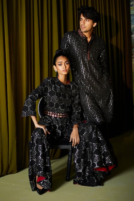 Twenty Nine Black Gajji Silk Mirror And Thread Rabari Work Kurta Set Online at Aza Fashions Twenty Nine_Black Gajji Silk Mirror And Thread Rabari Work Kurta Set _Online_at_Aza_Fashions