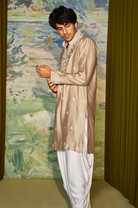 Twenty Nine Beige Silk Chanderi Mirror And Thread Kurta Set Online at Aza Fashions Twenty Nine_Beige Silk Chanderi Mirror And Thread Kurta Set _Online_at_Aza_Fashions