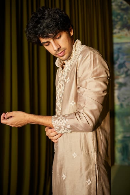 Buy Twenty Nine Beige Silk Chanderi Mirror And Thread Kurta Set Online at Aza Fashions Buy_Twenty Nine_Beige Silk Chanderi Mirror And Thread Kurta Set _Online_at_Aza_Fashions