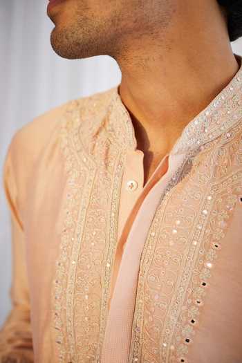 Buy_Twenty Nine_Peach Silk Chanderi Mirror And Dori Embroidered Kurta Set _Online_at_Aza_Fashions