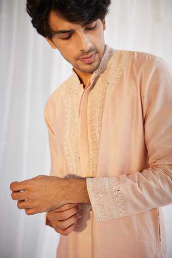 Twenty Nine_Peach Silk Chanderi Mirror And Dori Embroidered Kurta Set _Online_at_Aza_Fashions