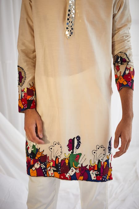 Twenty Nine_Beige Cotton Silk Art Deco Kurta Set _Online_at_Aza_Fashions