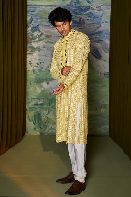 Twenty Nine_Yellow Georgette Mirror And Thread Embroidered Kurta Set _Online_at_Aza_Fashions