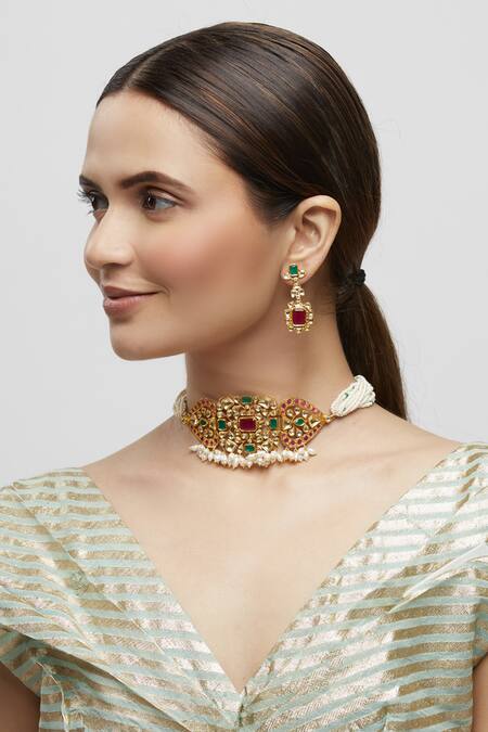 Minaki Gold Plated Jadau Choker Set Online at Aza Fashions Minaki_Gold Plated Jadau Choker Set_Online_at_Aza_Fashions