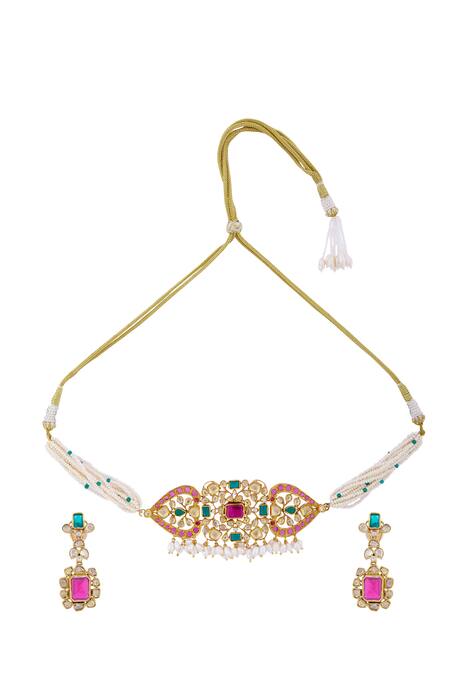 Shop Minaki Gold Plated Jadau Choker Set at Aza Fashions Shop_Minaki_Gold Plated Jadau Choker Set_at_Aza_Fashions