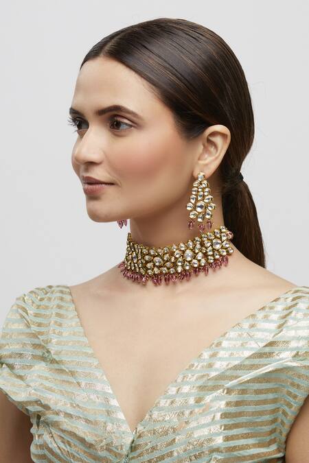 Shop_Minaki_Gold Plated Beads, Diamonds Kundan Choker Set _Online_at_Aza_Fashions