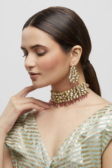 Minaki_Gold Plated Beads, Diamonds Kundan Choker Set _at_Aza_Fashions
