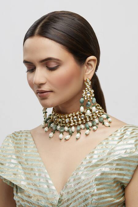 Minaki_Gold Plated Pearls Kundan Choker Set _Online_at_Aza_Fashions