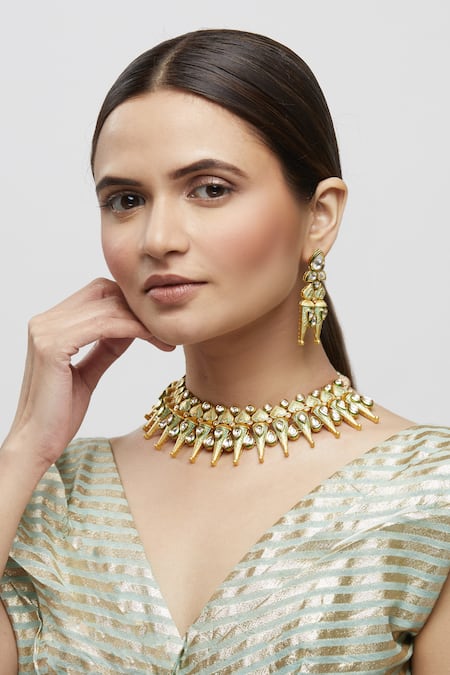 Shop_Minaki_Gold Plated Metallic Thread, Stones Kundan Meenakari Necklace Set _at_Aza_Fashions