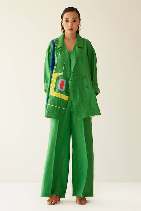 MINI SONDHI Green Linen Embroidery Abstract Notched Lapel Collar Blazer And Trouser Set 