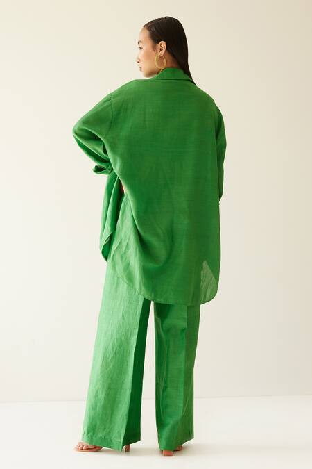 Shop_Mini Sondhi_Green Linen Abstract, Aari Notched Lapel Collar Embroidered Blazer And Trouser Set _at_Aza_Fashions