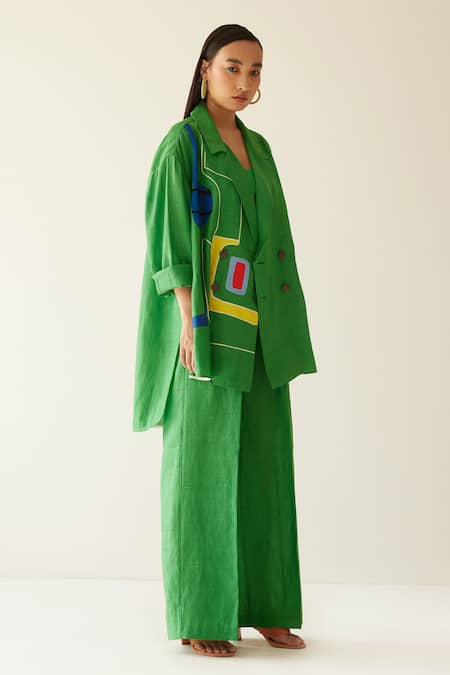 Mini Sondhi_Green Linen Abstract, Aari Notched Lapel Collar Embroidered Blazer And Trouser Set _Online_at_Aza_Fashions
