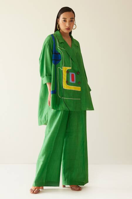 Buy_Mini Sondhi_Green Linen Abstract, Aari Notched Lapel Collar Embroidered Blazer And Trouser Set _Online_at_Aza_Fashions
