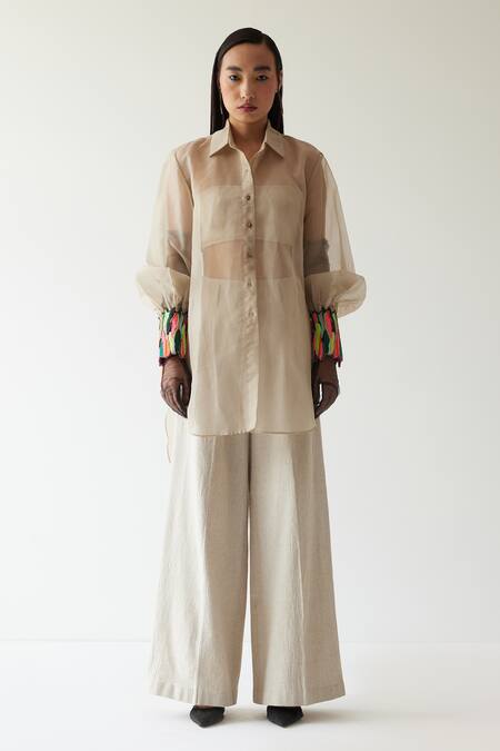 MINI SONDHI Beige Organza And By (raw Linen) Thread, Sheer Shirt And Trouser Set Online at Aza Fashions MINI SONDHI_Beige Organza And By (raw Linen) Thread, Sheer Shirt And Trouser Set_Online_at_Aza_Fashions