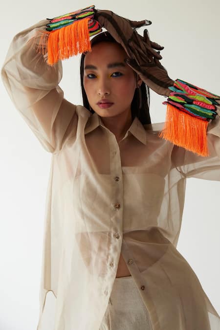 Shop MINI SONDHI Beige Organza And By (raw Linen) Thread, Sheer Shirt And Trouser Set Online at Aza Fashions Shop_MINI SONDHI_Beige Organza And By (raw Linen) Thread, Sheer Shirt And Trouser Set_Online_at_Aza_Fashions