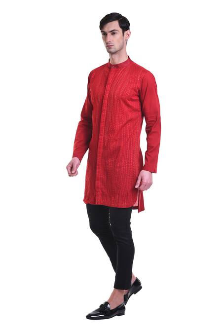 Saksham & Neharicka_Red Cotton Voil Embroidered Short Kurta_Online_at_Aza_Fashions