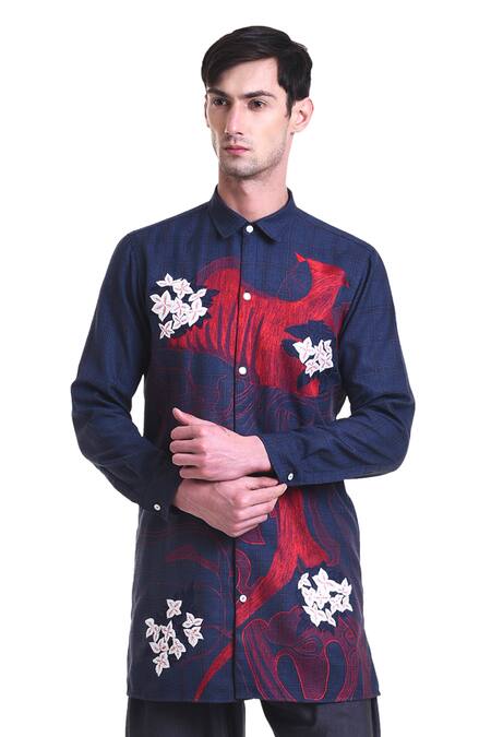 Buy_SAKSHAM & NEHARICKA_Blue Brushed Flannel Embroidered Checkered Shirt _Online_at_Aza_Fashions