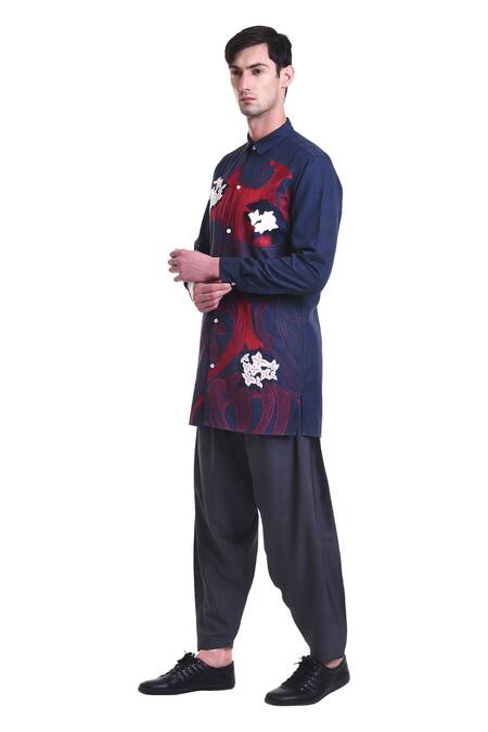SAKSHAM & NEHARICKA_Blue Brushed Flannel Embroidered Checkered Shirt _Online_at_Aza_Fashions
