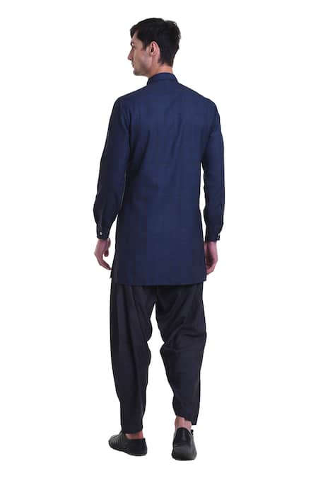 Shop_SAKSHAM & NEHARICKA_Blue Brushed Flannel Embroidered Checkered Shirt _at_Aza_Fashions