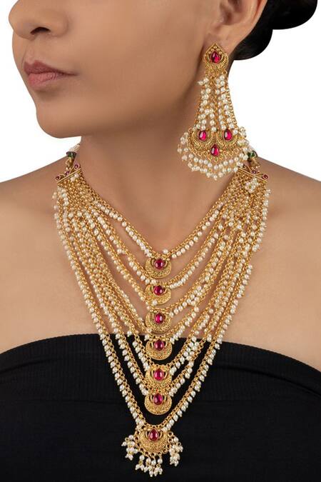 Mortantra Gold Plated Stone Temple Necklace Set