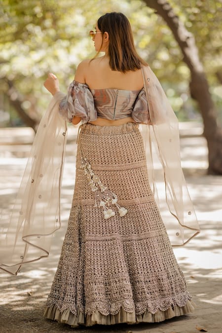 Shop_Nikita Vishakha_Brown Skirt Mesh Top Organza Dupatta Tulle One Shoulder Set With Off _at_Aza_Fashions