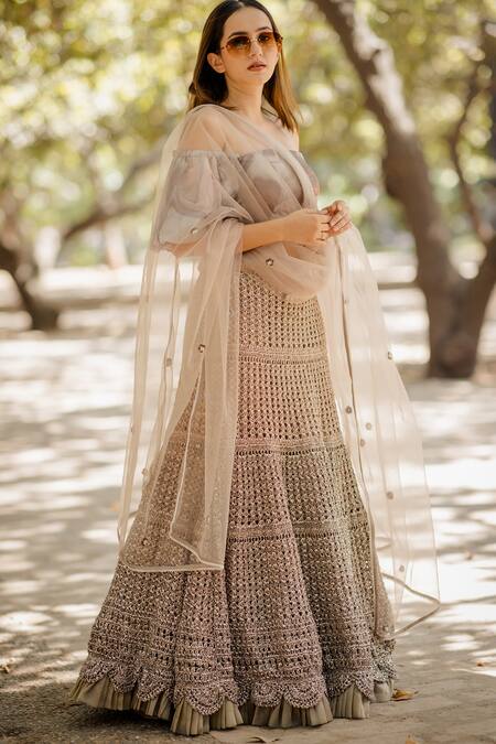 Nikita Vishakha_Brown Skirt Mesh Top Organza Dupatta Tulle One Shoulder Set With Off _Online_at_Aza_Fashions