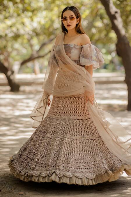 Buy_Nikita Vishakha_Brown Skirt Mesh Top Organza Dupatta Tulle One Shoulder Set With Off _Online_at_Aza_Fashions