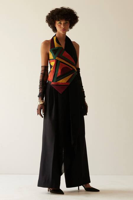 MINI SONDHI_Black Crepe, Crinckled Georgette Geometric V Neck Draped Jacket And Trouser Set_Online_at_Aza_Fashions