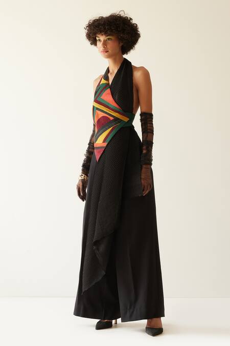 Buy_MINI SONDHI_Black Crepe, Crinckled Georgette Geometric V Neck Draped Jacket And Trouser Set_Online_at_Aza_Fashions