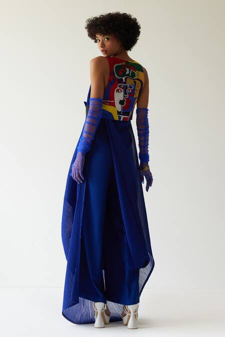 Shop_MINI SONDHI_Blue Rabbit Crepe Embroidery Burning Man V Neck Draped Jacket And Trouser Set _at_Aza_Fashions