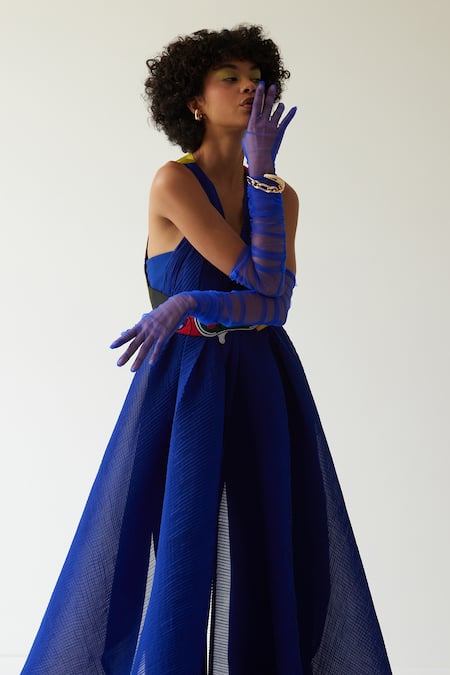 Buy_MINI SONDHI_Blue Rabbit Crepe Embroidery Burning Man V Neck Draped Jacket And Trouser Set _Online_at_Aza_Fashions
