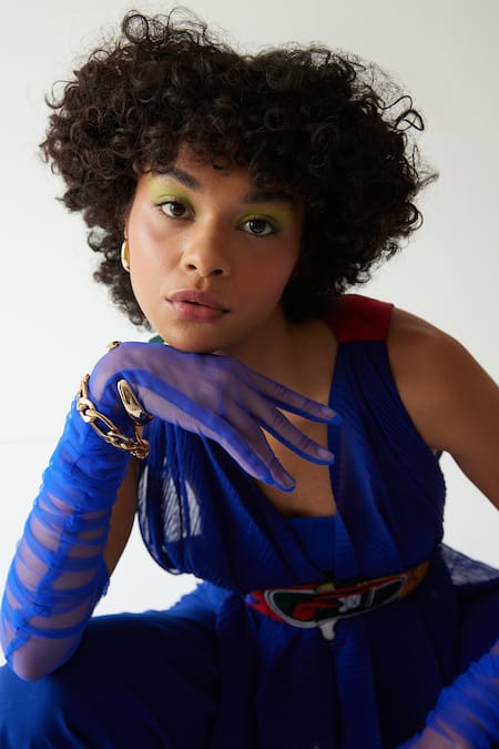 Shop_MINI SONDHI_Blue Rabbit Crepe Embroidery Burning Man V Neck Draped Jacket And Trouser Set _Online_at_Aza_Fashions