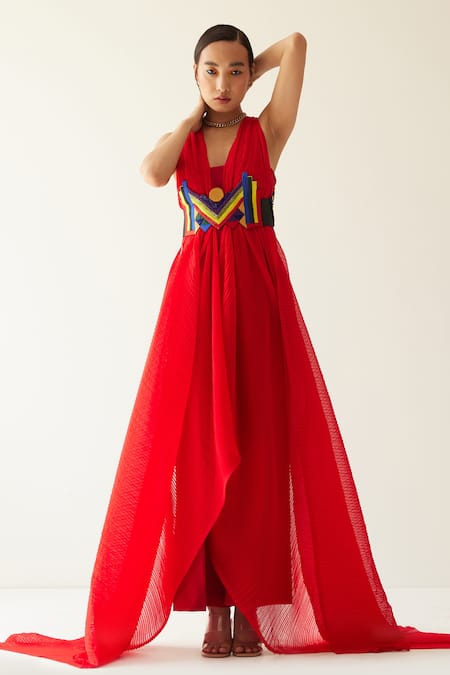 Mini Sondhi_Red Crepe, Crinckled Georgette Abstract, Aari, Bead Draped Jacket And Trouser Set_Online_at_Aza_Fashions