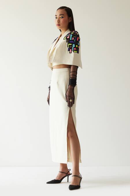 Shop_Mini Sondhi_Cream Crepe Embroidery Bead Shawl Collar Sleeve Jacket And Skirt Set _at_Aza_Fashions