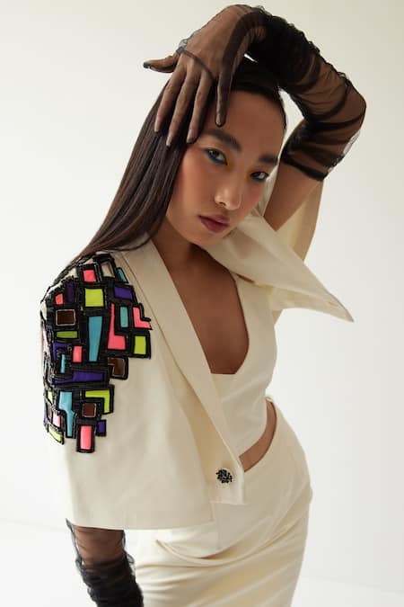 Buy_Mini Sondhi_Cream Crepe Embroidery Bead Shawl Collar Sleeve Jacket And Skirt Set _Online_at_Aza_Fashions