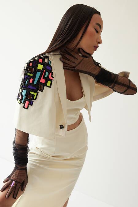 Shop_Mini Sondhi_Cream Crepe Embroidery Bead Shawl Collar Sleeve Jacket And Skirt Set _Online_at_Aza_Fashions