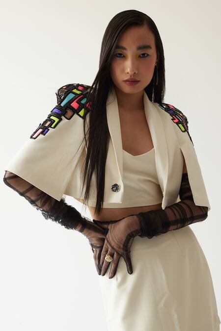 Mini Sondhi_Cream Crepe Embroidery Bead Shawl Collar Sleeve Jacket And Skirt Set _at_Aza_Fashions