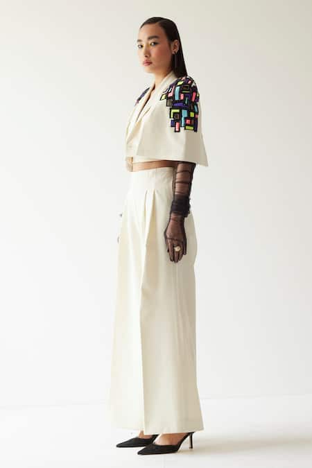 Shop_Mini Sondhi_Cream Crepe Geometric Pattern Lapel Applique Cropped Jacket And Trouser Set_Online_at_Aza_Fashions