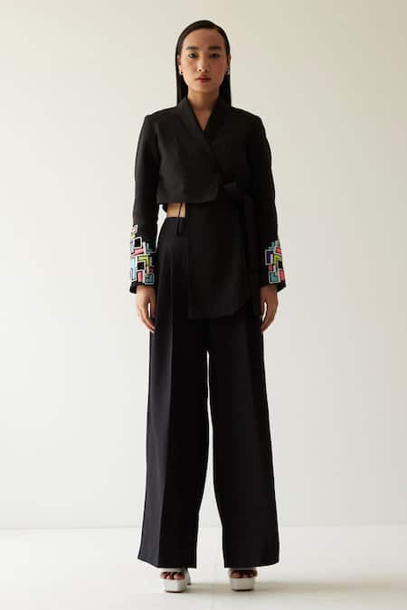 Mini Sondhi Black Crepe Appliques Geometric Asymmetric Blazer And Trouser Set 
