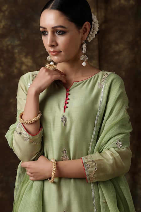 Buy_Maison Shefali_Green Kurta Chanderi Dupatta Kota Doria Pant Embroidered Sharara Set _Online_at_Aza_Fashions