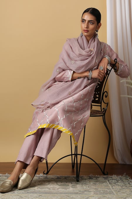 Maison Shefali_Pink Kurta Chanderi Dupatta Kota Doria Pant Cotton Embroidered Set _Online_at_Aza_Fashions