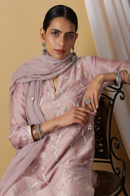 Buy_Maison Shefali_Pink Kurta Chanderi Dupatta Kota Doria Pant Cotton Embroidered Set _Online_at_Aza_Fashions