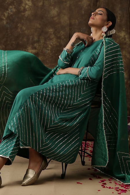 Maison Shefali_Green Kurta Cotton  Dupatta Chanderi Embroidered Set _Online_at_Aza_Fashions