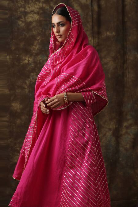 Maison Shefali_Pink Kurta Cotton  Dupatta Chanderi Embroidered Set _Online_at_Aza_Fashions