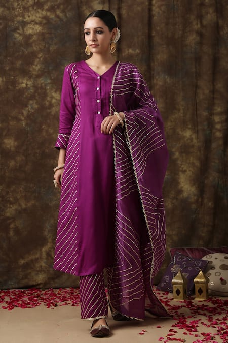 Buy Purple Kurta Cotton Dupatta Chanderi Embroidered Set For Women by ...